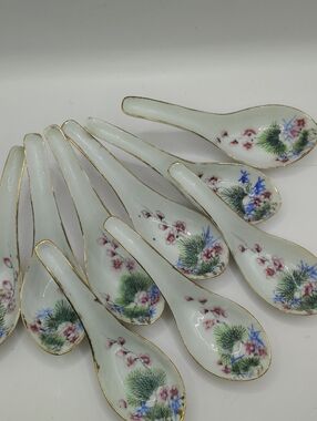 Vintage Porcelain Floral Soup Spoons with Gold Trim - Set Of 9